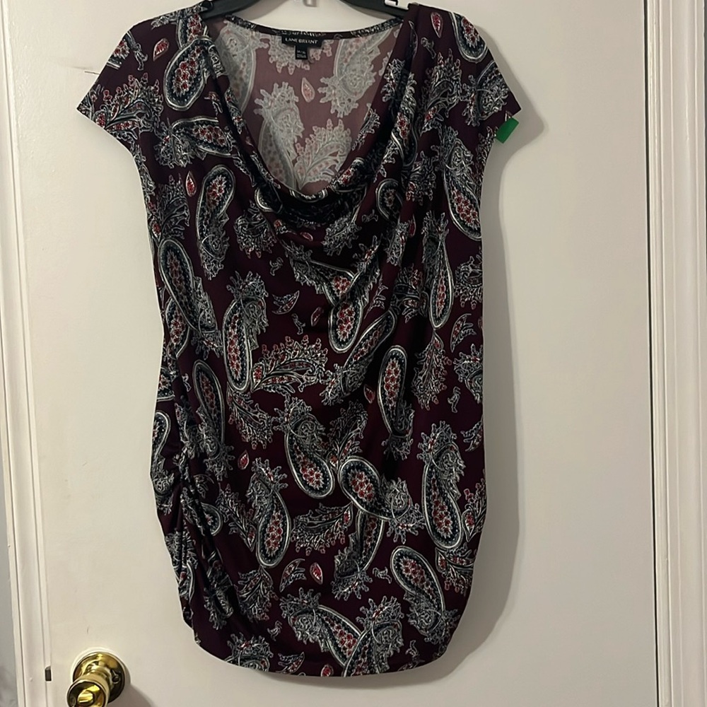 Lane Bryant Paisley Blouse, Cap Sleeve, Cowl Neck, Size 14/16 ruched sides